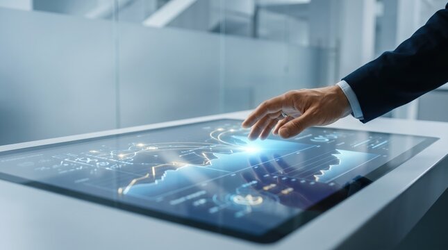 Hand touching interactive global network map and financial data visualization on large touch screen display in futuristic technology control center.