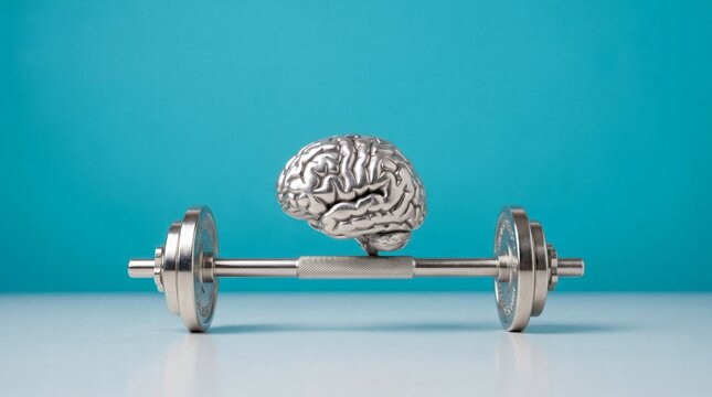 Conceptual image of a brain lifting a dumbbell, symbolizing mental strength and fitness.