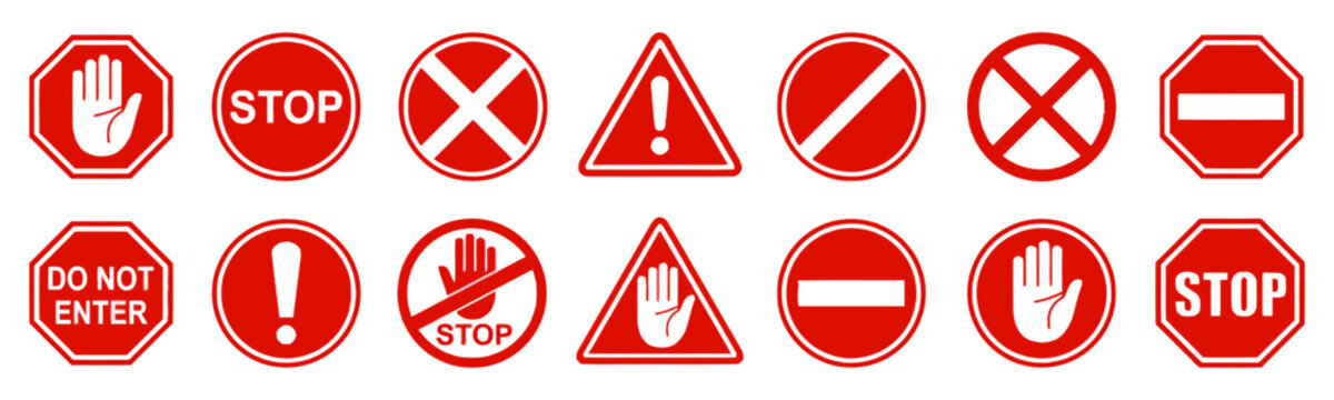 Red Warning and Stop Signs Collection for Safety and Traffic Control