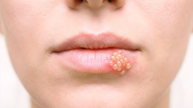Close up of a person's mouth showing a cluster of fluid-filled blisters or cold sores on the lower lip, symbolizing oral herpes simplex virus, infection, and dermatology skin conditions.