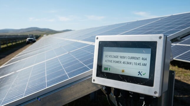 Solar panel monitoring system displaying real-time voltage and power output in a large renewable energy farm.