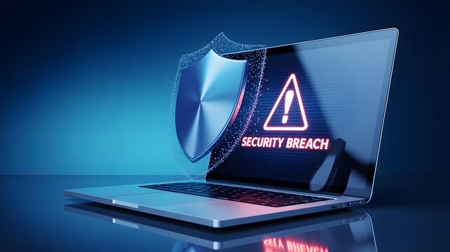 A laptop computer displays a security breach warning on its screen with a shield emerging from the screen