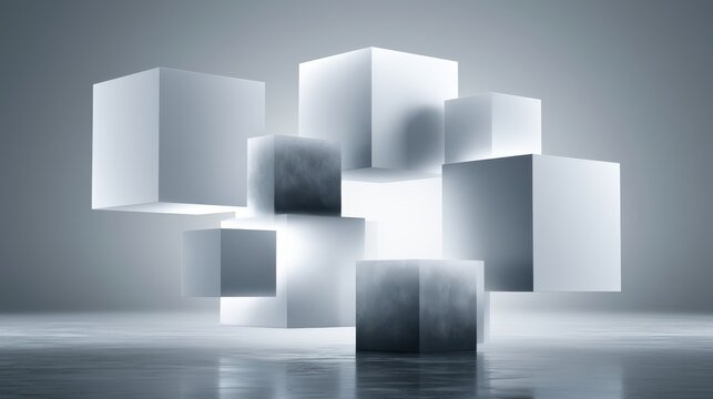 Abstract floating cube forms deconstructed in negative space with minimalist design, showcasing modern geometric shapes and clean, futuristic aesthetics in neutral tones.
