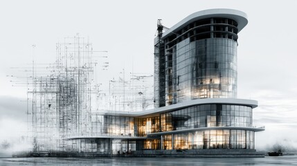 Obraz premium A creative double exposure image blending a building silhouette with architectural blueprint lines, symbolizing design, construction, and urban planning concepts.