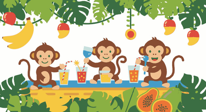 Three cartoon monkeys drinking fruit smoothies in tropical jungle