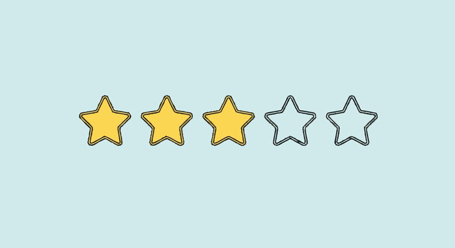 Three star customer rating icon on light blue background