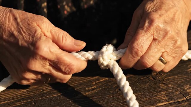 Elderly hands tying a rope ideal for creative backgrounds and modern web design