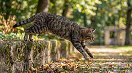 Agile tabby cat gracefully leaping from a mossy stone wall onto autumn leaves, photograph. © Esther
