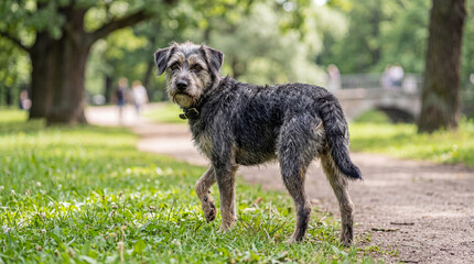 A shaggy, curious terrier mix dog stands on a dirt path in a sunny park, looking back at the viewer, a photograph. © Esther