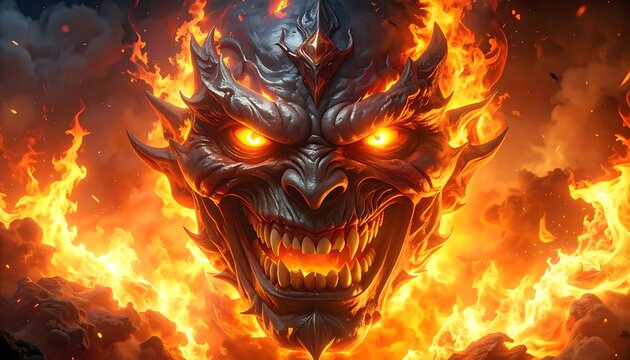 Fiery Demon Face with Glowing Eyes.