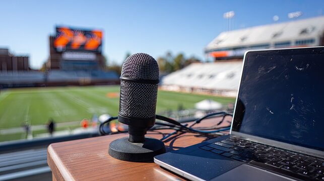 Sports Broadcast Microphone and Laptop at Stadium Field.