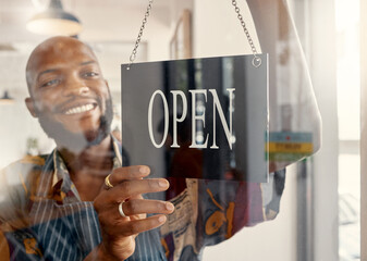Happy, man and window in restaurant with open sign, small business owner or ready for customer...