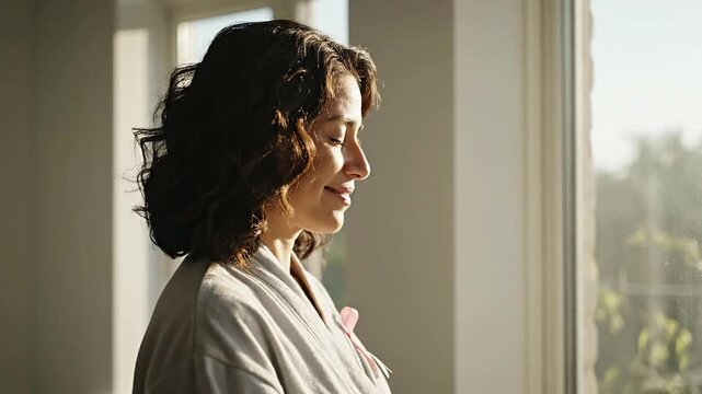 Woman Standing Near Window in a Plain Soft Robe, Basking in Natural Light, Portraying Serenity and Introspection in a Calm Indoor Setting