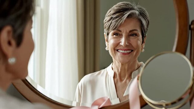 Woman With Short Regrowing Hair Smiling At Her Reflection In A Round Mirror With Natural Light And Soft Background Creating An Uplifting Mood Of Beauty And Confidence