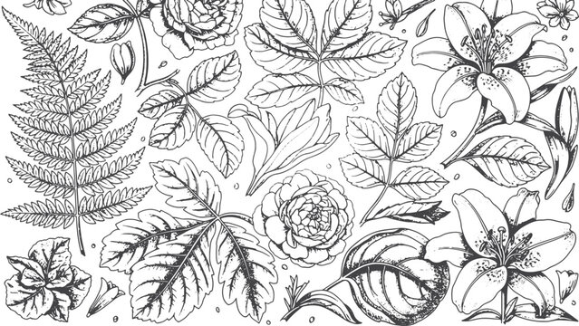 Hand-drawn botanical of roses, lilies, and fern leaves