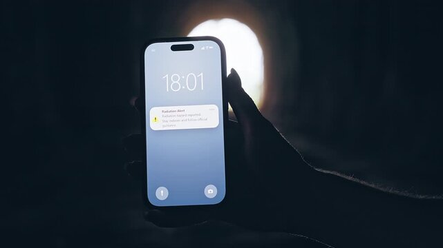 Smartphone Showing Radiation Alert Notification Inside Dark Tunnel With Bright Light Background, Cinematic Disaster Scene About Toxic Hazard and Survival