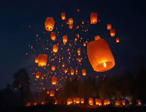 Night sky ablaze with numerous glowing paper lanterns ascending upwards