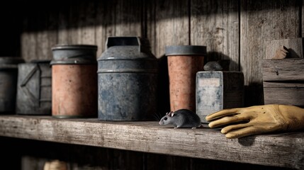 Naklejka premium Hantavirus risk in storage area with mice and containers on shelves