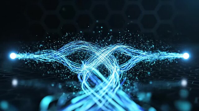Blue glowing fiber optic strands on hexagonal surface symbolizing dynamic movement and artistic expression