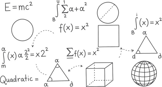Hand-drawn mathematical formulas and geometric shapes