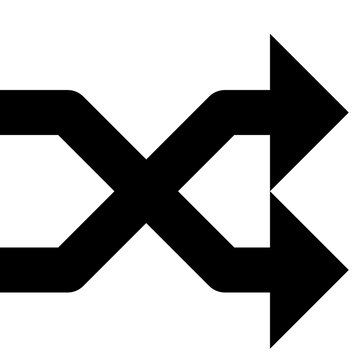 A bold black shuffle symbol featuring two intersecting arrows representing randomization playback options and redirection on a neutral background.