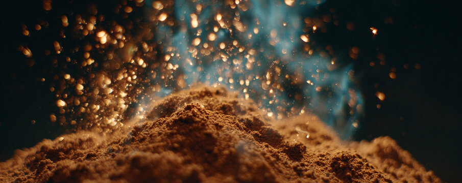 Slow-motion steam drifting upward from cocoa, ember sparks frozen mid-air in warm glow 32k ultra HD