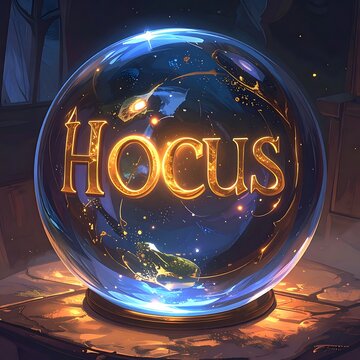 Glowing crystal ball with hocus text.