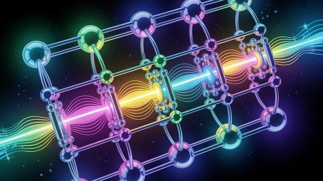 A vibrant and intricate 3D illustration of a molecular structure with glowing neon lines and colorful orbs against a dark background