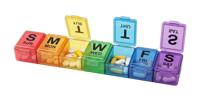 Colorful weekly pill organizer rainbow dispenser for medication management. High-key product photography for senior health routine daily vitamins sorting and polypharmacy support.