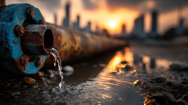 Perspective view of a long rusty blue pipe leaking water at sunset with a city skyline.