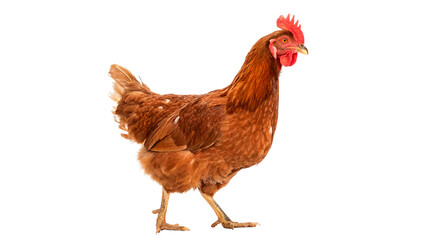 A vibrant brown domestic hen chicken bird standing and looking forward side view profile isolated on transparent background cut out © AAAstock2025