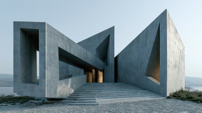 Intersecting concrete planes create a striking geometric entrance to a museum, showcasing modern architectural design and bold structural elements in an urban setting.