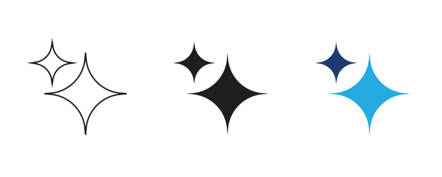 Sparkle Star Icon Set Outline, Solid and Blue Four Point Vector Symbols