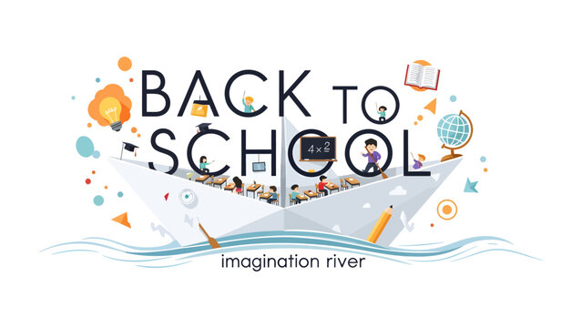 Back to School Adventure on the Imagination River: A whimsical paper boat, filled with eager students, embarks on an educational journey down the Imagination River.