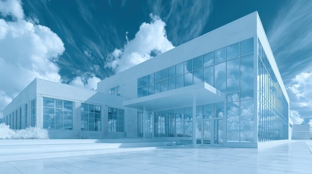 A modernist building rendered with an inverse color treatment, highlighting architectural details through creative color inversion techniques for a unique visual effect.