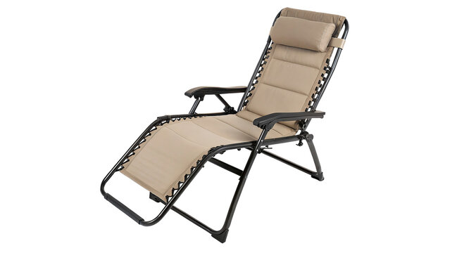 A modern comfortable beige fabric adjustable lounge chair chaise sunbed furniture with black metal frame isolated on transparent background cut out