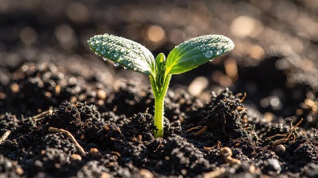 Faint sunlight filters through morning mist, illuminating a fresh seedling pushing through rich soil. Dew glistens on its leaves, symbolizing new beginnings and growth in nature's cycle.