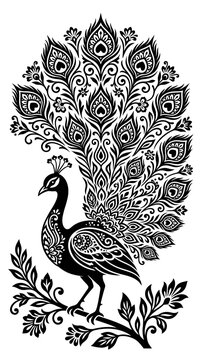 A majestic peacock stands on a branch with its stunning ornamental plumage on full display.