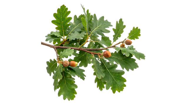 A fresh green branch twig of an oak tree decorated with green leaves and acorns isolated on transparent background cut out
