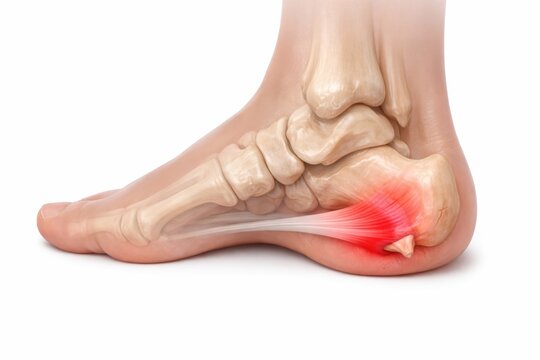 Plantar fasciitis and heel spur medical illustration showing inflamed plantar fascia at calcaneus with bony spur in orthopedic podiatry concept for diagnosis and pain education