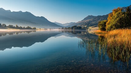 Fototapeta premium Tranquil lake scene with mountains reflecting in calm water on a clear day