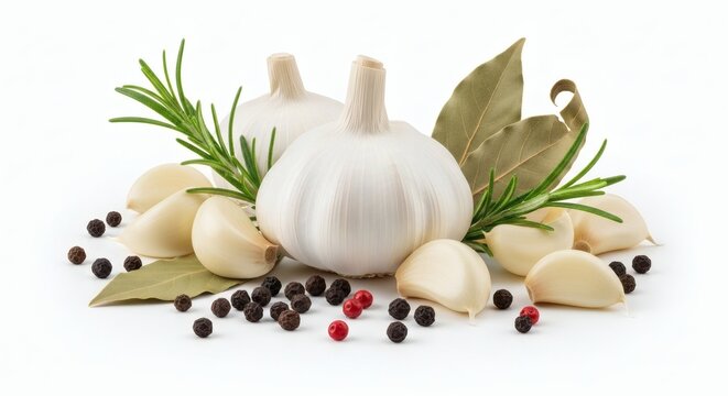 Fresh Garlic Bulbs, Cloves, Herbs, and Spices on White Background.