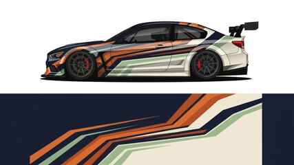 Naklejka premium Vibrant Striped Sports Car Illustration with Bold Custom Livery and Abstract Design Elements.
