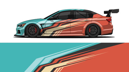 Obraz premium Vibrant stylized race car in motion with flames and dynamic vector design.