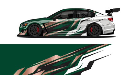 Side view of a sleek race car with green black graphic livery and aerodynamic design. © Lailatul
