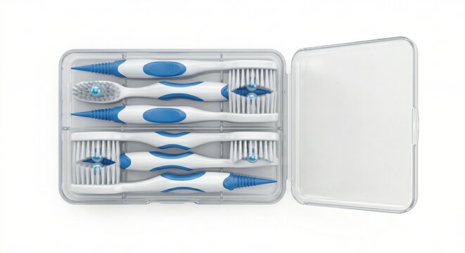 Mini disposable travel toothbrush set in open clear case top view showing compact waterless oral care with no toothpaste needed for travel hygiene convenience and portable use