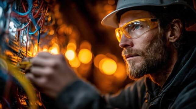 Professional electrician in a hard hat and safety glasses working on complex electrical wiring in an industrial setting.