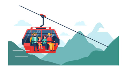 Mountain Gondola Ride: A red gondola cabin carries a family uphill over a scenic mountain landscape, showcasing the thrill of aerial travel and breathtaking views. © AJM