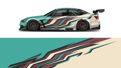 Obraz premium Sleek Teal and Beige Striped Race Car Shown from Side Elevation.