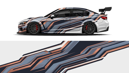 Sleek sportscar with bold striped livery and abstract graphic pattern emphasizing speed and aerodynamic design. © Lailatul
